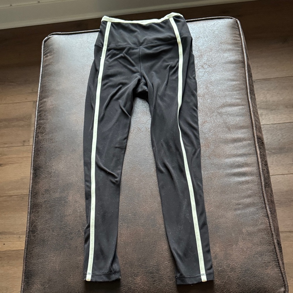 Athleta Black Leggings with pale yellow Stripes